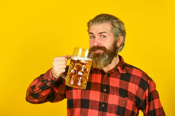 Cheers toast. Holiday celebration. Bachelor day. Taste your imaginations. Alcoholic. Thirsty man drinking beer in pub bar. Beer with foam. Hipster drink beer. Mature bearded guy hold beer glass — Stock Photo, Image