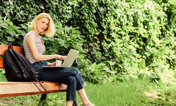 Girl adorable student with laptop and coffee cup sit bench in park. Study outdoors. Woman student work with notebook. Learn study explore. Surfing internet. Modern student life. Regular student — Stock Photo, Image