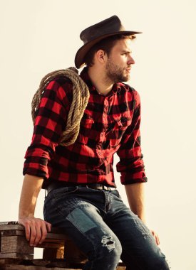 İşi düşünen düşünceli bir çiftçi. Çiftlik işçisi. Eko çiftliği. Çiftçilik kavramı. Şapkalı ve köylü tarzı kıyafetli yakışıklı bir adam. Çiftlik kalsın. Çiftlikte hayat. Kement ipiyle gökyüzü arka planına sahip kovboy.