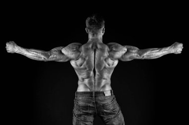 Daha sıkı çalış. Sporcu kaslı sırtını gösteriyor. Vücut geliştirici siyah arka plan. Atletizm eğitimi. Kas antrenmanı. Beden eğitimi aktivitesi ve spor. Fitness eğitimi. Ağırlık kaldırmak ve vücut geliştirmek