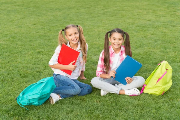 Descansar depois do dia da escola. férias de primavera. melhores amigos para sempre. passar no exame com sucesso. irmãs engraçadas e felizes. escrevendo diário feminino. memórias de infância. pronto para estudar — Fotografia de Stock