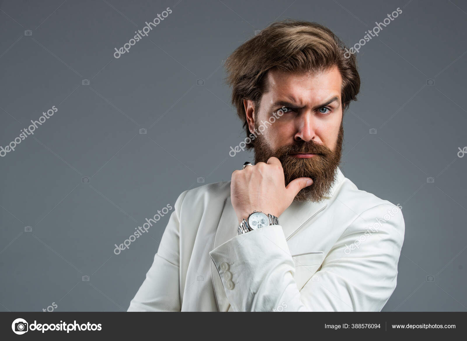 Modern formal style. male beauty and fashion. brutal businessman with  perfect beard and moustache. real boss in vest. mature bearded man.  confidence and charisma. handsome man wear office suit Stock Photo by ©