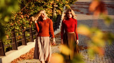 Arkadaşlar kızlar. Sonbahar modası. Pileli etek moda modası. Sonbahar parkında yürüyen kadınlar. Sonbahar tarzı kıyafetler. Sevimli bayanlar güneşli bir sonbahar gününün tadını çıkarırlar. Şık kıyafetler. Kadınlık ve şefkat