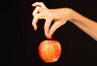 Kadın eli, siyah arka planda taze meyve tutar.