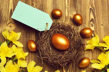 Alışveriş etiketi, yuvada Paskalya yumurtası, bahar narsisliği