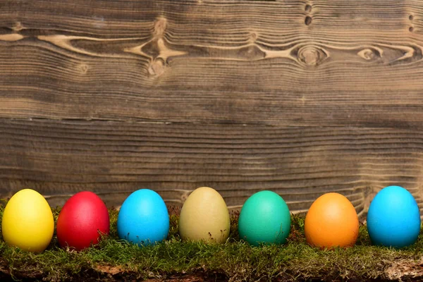 Huevos coloridos de Pascua pintados con musgo verde sobre fondo de madera — Foto de Stock