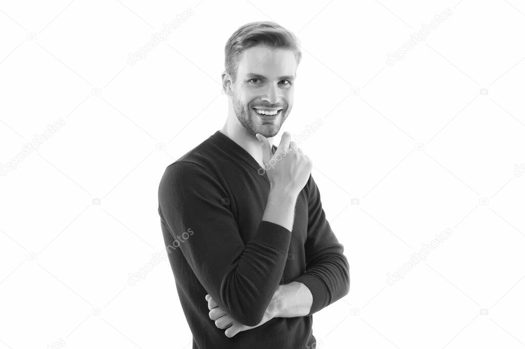 Barber services. He always looks impeccable. Looking trendy. Facial care. Handsome man isolated on white. Unshaven man. Hipster guy. Hairdresser salon. Male fashion and beauty. Menswear shop