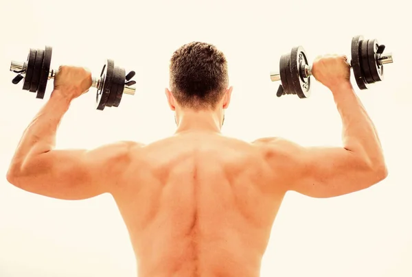 Ne t'arrête jamais. équipements de fitness et de sport. corps athlétique. Gymnase d'haltères. homme sportif haltérophilie. stéroïdes. Musclé dos homme exercice le matin avec haltère. adapter votre corps et perdre du poids — Photo