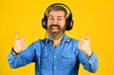 Dj hipster. Mükemmel müzik listesi. Ritim konsepti. Gürültü önleme fonksiyonu. Müzik çalıyor. Sakallı hippi kulaklıklı adam müzik dinliyor. Hippi kulaklıkla harika bir ses şarkısının tadını çıkarır.