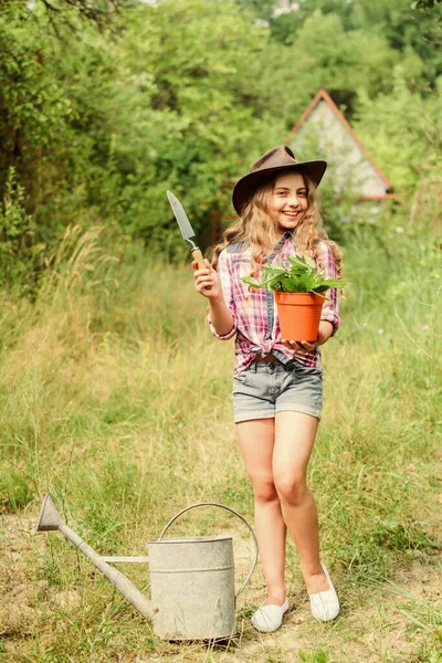 Here i am. hellow summer. small girl planting with shovel. earth day. environment ecology. green nature protection. small girl farmer care about plant in pot. farming and agriculture. spring season — Stock Photo, Image