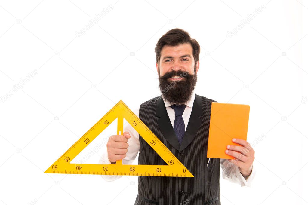 Teaching dimension in school. School teacher hold triangle and book isolated on white. Bearded man ready for school lesson. Geometry and mathematics. School for life