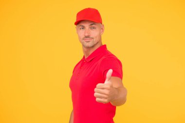 Teslimat kopyalama alanı. Kasiyer dükkanı çalışanları. Kara Cuma. Nakliye aracı. Mükemmel bir atış. Teslimatçı sarı arka plan. Ücretsiz. Ekspres kurye servisi. Paket postası