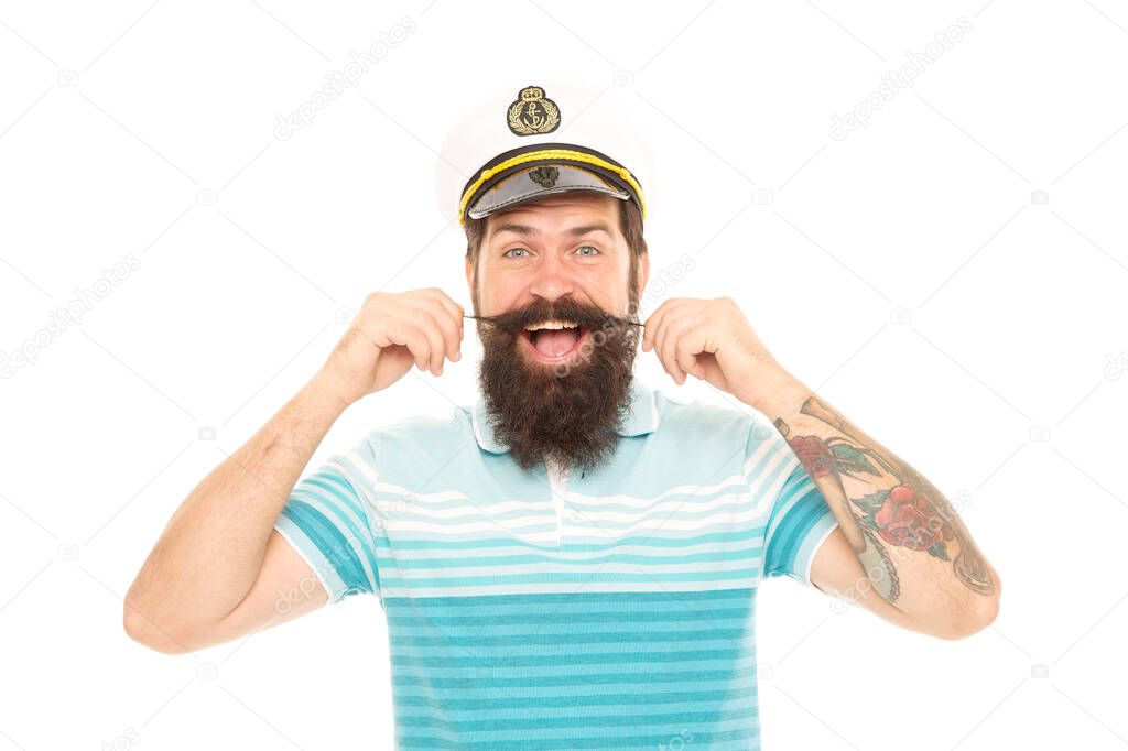 With great barbershop comes great beard. Happy seaman twirl moustache isolated on white. Bearded man in navy uniform. Barbershop. Cut and shave. Barbershop care. Appointment to barbershop