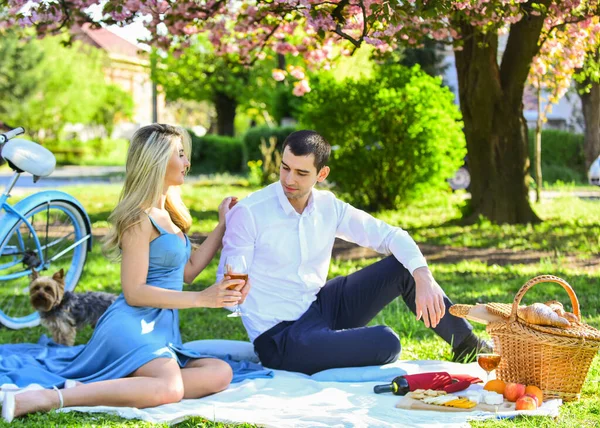 ¡Salud! Celebra el aniversario. Pareja bebiendo vino día soleado. Linda pareja bebiendo vino de picnic. Atractiva pareja disfrutando de un romántico picnic al atardecer en el campo. Concepto romántico. Sentimientos inspiradores — Foto de Stock