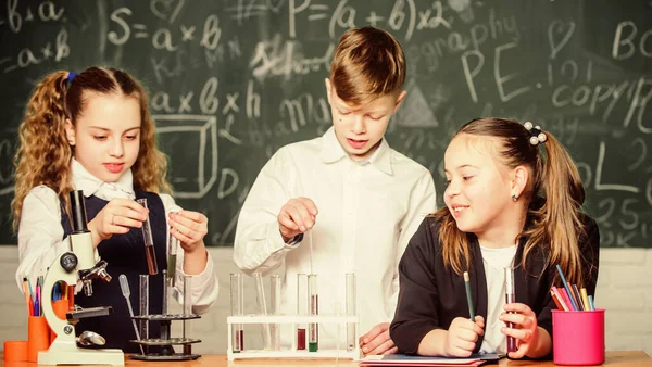 A lányok és a fiúk folyadékkal kísérleteznek az iskolában. Iskolai laboratórium. A csoportos diákok vegyi folyadékot tanulnak. Iskolai kémia óra. Kísérleti csövek anyagokkal. Formális oktatás — Stock Fotó
