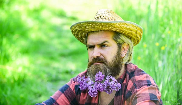 Bearded man with lilac in beard green grass background. Eco friendly lifestyle concept. Rustic man with beard happy face enjoy life in ecological environment. Hipster with lilac flowers looks happy
