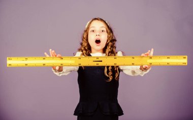 Matematik dersi. Eğitim ve bilgi. Küçük kız okula geri döndü. Büyük cetveli olan öğrenci kız. Okul öğrencisi geometri öğreniyor. BTMM okul disiplini. Bilgiye doğru