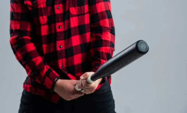 Man hold bat as penis. mens health. big size concept. man with baseball bat. i am a criminal. aggression and anger. brutal male handjob. morning erection. penis enlargement — Foto Stock