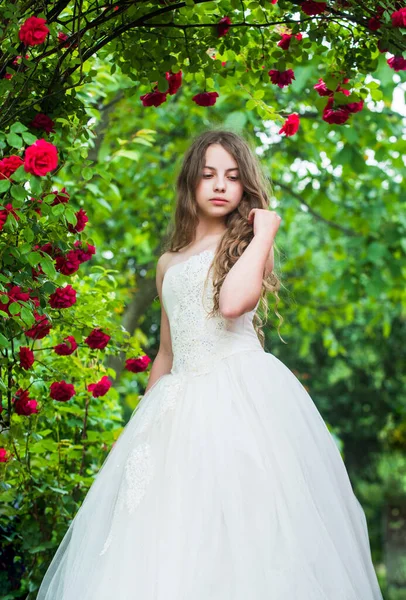 Momento romantico. Bella signora. infanzia felice. bellezza e moda. grazioso bambino odore di fiore di rosa. natura primaverile ed estiva. Ragazzina in giardino. il bambino gode il fiore in parco. angioletto per sposa — Foto Stock