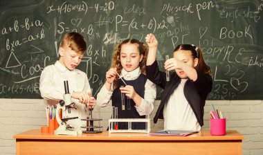 Erkekler ve kızlar kimyasal deneylerden hoşlanırlar. Organik kimya karbon içeren bileşiklerin incelenmesidir. Temel kimyasal reaksiyonlar. Büyüleyici bir kimya. Grup öğrencileri okulda kimya okuyor.