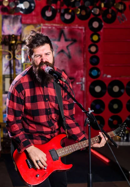 Frontman concept. Talented musician, soloist, singer. Man with shouting face — Stock Photo, Image