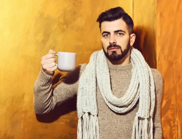 bearded man holding cup of tea, coffee with serious face