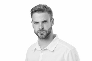 Modern güzellik standartları. Kendine güvenen genç adam. Tüylü adam beyazı soyutladı. Erkek güzellik ve moda. Yakışıklı adam poz veriyor. karizmatik üniversite öğrencisi. Yakışıklı, seksi adam. Karizmayla dolu.