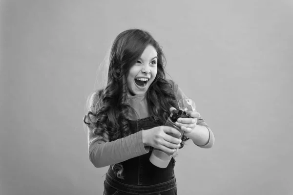 Water balance concept. Drink some liquids. Ecology. Carry refillable bottle everywhere. Living healthy life. Health and water balance. Girl hold water bottle. Kid girl long hair has water bottle — Stock Photo, Image