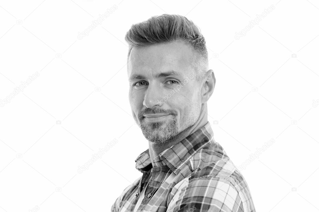 Happy to be bearded. Bearded man isolated on white. Unshaven guy with bearded face. Barbershop. Hair salon. Beard grooming. Skincare. Mens cosmetics. Bearded and handsome