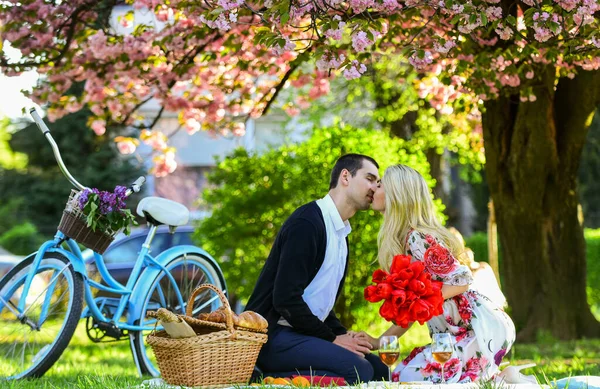 Bahar hafta sonu. Şehvetli bir öpüşme. Hazinem. Romantik teklif. Mükemmel randevularının tadını çıkarıyorlar. Bisikletli bir çift parkta dinleniyor. Şarapla romantik piknik. Birbirlerine aşık çiftler. — Stok fotoğraf