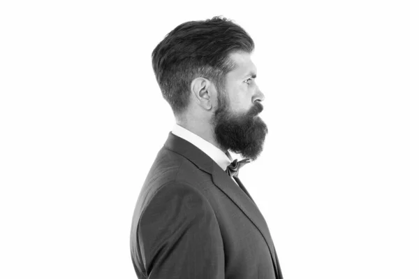 Brutal mature man with perfect haircut in profile. bearded hipster isolated on white. barbershop salon concept. grow mustache or beard. Facial hair. freshly trimmed beard. boost your self-confidence — Stock Photo, Image