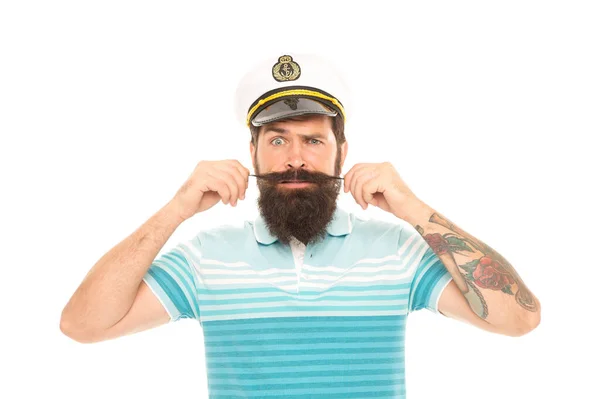 Every hipster needs beard. Hipster twirl mustache isolated on white. Bearded seaman wear hipster beard. Brutal hipster style. Barbershop. Sea voyage. Travel destination. Explore dreams — Stock Photo, Image