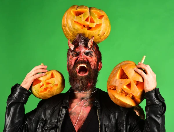 Halloween party concept. Demon with horns and evil mad face — Stock Photo, Image