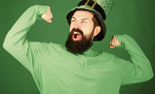 Man bearded hipster wear hat. Saint patricks day holiday. Green part of celebration. Happy patricks day. St patricks day holiday known for parades shamrocks and all things Irish. Global celebration — Stock Photo, Image