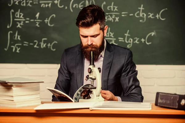 Scientist with microscope chalkboard background. On way to success. Discovering micro world. Scientific project. Scientist in lab. Scientist exploring. Teacher work with microscope. Science concept