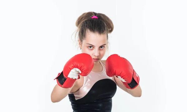 Ready to fight. healthy lifestyle. energetic kids power. child punching in gym. knockout. small girl training in boxing gloves. sport and fitness. teen girl boxer. sportswear and equipment shop — Stock Photo, Image