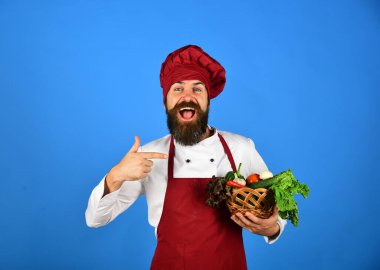 Vejetaryen restoranı konsepti. Şefin elinde marul, domates, biber ve mantar var.