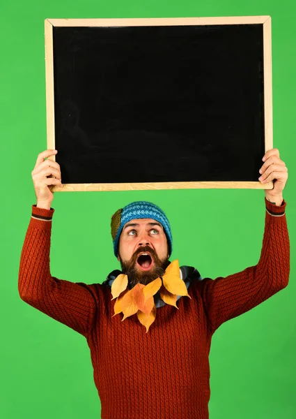 Hipster with curious face and beard full of autumn leaves