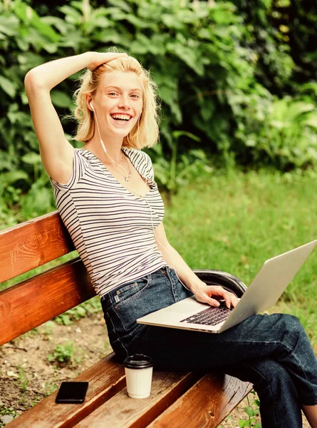 Work in park. Power of nature calls. Girl work with laptop in park. Natural environment office. Reasons why you should take your work outside. Notebook internet remote job. Education concept