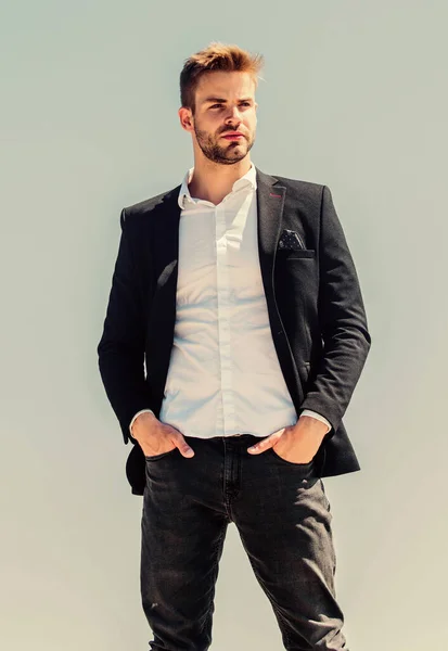 Great job. successful employer. success concept. Bearded guy business style. confident businessman. Handsome man fashion model. formal male fashion. modern lifestyle. sexy macho man. male grooming — Stock Photo, Image
