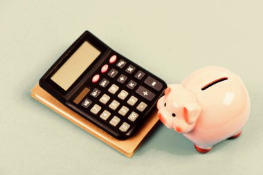 Kredi borcu kavramı. Ekonomi ve finans. Domuz kumbarası pembe domuz ve hesap makinesi. İş idaresi. Kâr hesapla. Finans müdürü aranıyor. Değiş tokuş. Ticaret pazarı. Finans Bölümü