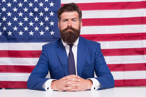 Proud of motherland. American reform. July 4. American citizen usa flag. American citizen. Elections in USA. National holidays. Celebration of victory. Bearded hipster man being patriotic for usa — Stock Photo, Image