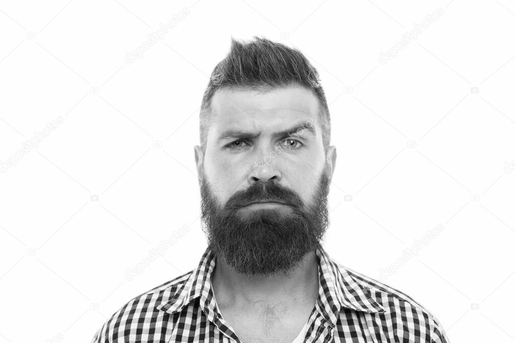mustache works in city. trendsetter hipster with mustache isolated on white. mustachioed and bearded male. after hairdresser salon. barbershop master. mustache from barber. Mature hipster with beard