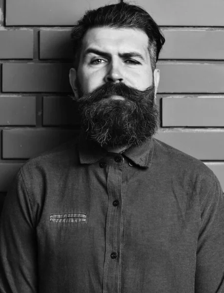 Man met baard met serieus gezicht op bakstenen muur — Stockfoto