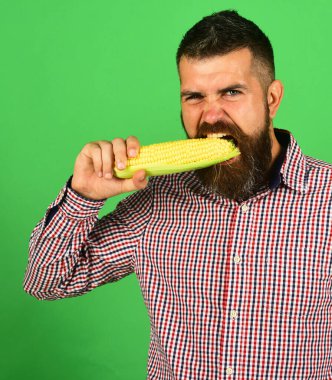 Tarım ve sonbahar ürünleri kavramı. Meşgul yüzlü çiftçi