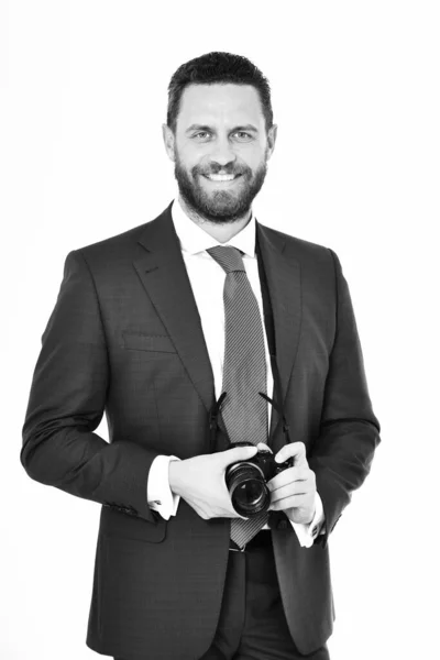 Man eller lycklig affärsman med fotokamera, fotograf, journalist — Stockfoto