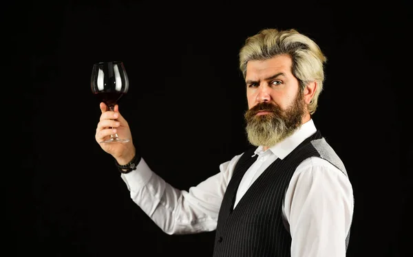 Sommelier taste wine. Sommelier responsibility work within taste preference. Red wine at degustation. Sommelier appreciating drink. Specializes in all aspects of wine service. Bartender at bar — Stock Photo, Image