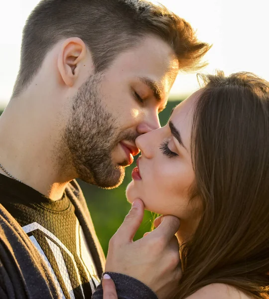 Touch of lips. Voluptuous concept. Tempting kiss. Desire. Romance concept. Sexual energy. Sexy couple in love. Girl and handsome man kissing. Seduction and foreplay. Sensual kiss. Kiss close up — Stock Photo, Image