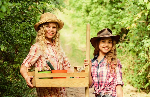 Les bases du jardinage. Jardinage enseignement cycle de vie processus. L'été à la campagne. Enfants filles avec des outils pour le jardinage. Jardins endroit idéal cultiver une expérience d'apprentissage significative et amusante pour les enfants — Photo