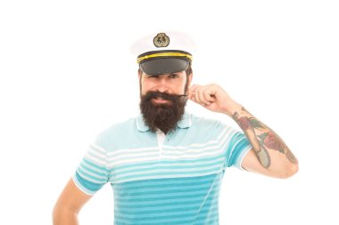 Calm down Im sailor. Happy sailor isolated on white. Sailor or seaman twirl moustache. Mariner sailor wear captain uniform. Navy and marine. Traveling and wanderlust. Sailing is my passion clipart